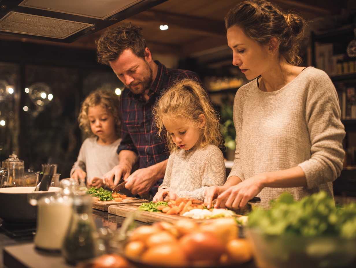 Сім'я готує здорову їжу разом на кухні, використовуючи свіжі овочі та фрукти